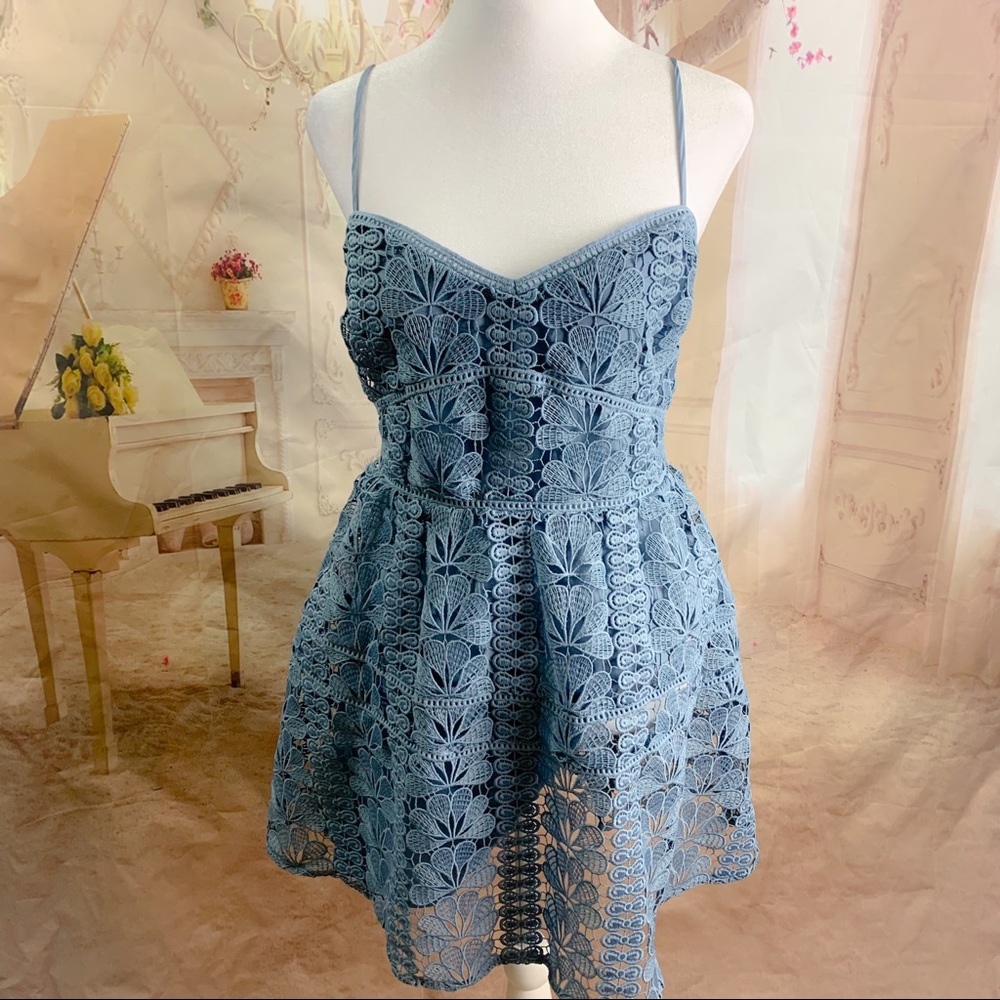 NEW Lovers & Friends TINSLEY LACE MINI DRESS DUSTY BLUE - Picture 2 of 11